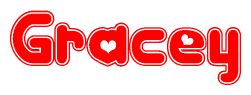 The image is a red and white graphic with the word Gracey written in a decorative script. Each letter in  is contained within its own outlined bubble-like shape. Inside each letter, there is a white heart symbol.