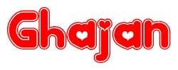 The image is a clipart featuring the word Ghajan written in a stylized font with a heart shape replacing inserted into the center of each letter. The color scheme of the text and hearts is red with a light outline.