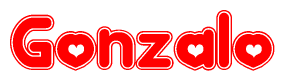 The image is a red and white graphic with the word Gonzalo written in a decorative script. Each letter in  is contained within its own outlined bubble-like shape. Inside each letter, there is a white heart symbol.