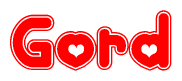 The image is a red and white graphic with the word Gord written in a decorative script. Each letter in  is contained within its own outlined bubble-like shape. Inside each letter, there is a white heart symbol.