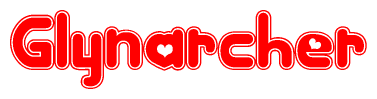 The image is a clipart featuring the word Glynarcher written in a stylized font with a heart shape replacing inserted into the center of each letter. The color scheme of the text and hearts is red with a light outline.