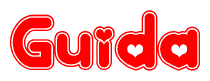 The image is a red and white graphic with the word Guida written in a decorative script. Each letter in  is contained within its own outlined bubble-like shape. Inside each letter, there is a white heart symbol.