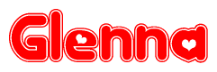 The image is a red and white graphic with the word Glenna written in a decorative script. Each letter in  is contained within its own outlined bubble-like shape. Inside each letter, there is a white heart symbol.
