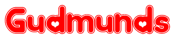 The image is a clipart featuring the word Gudmunds written in a stylized font with a heart shape replacing inserted into the center of each letter. The color scheme of the text and hearts is red with a light outline.
