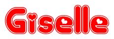 The image is a red and white graphic with the word Giselle written in a decorative script. Each letter in  is contained within its own outlined bubble-like shape. Inside each letter, there is a white heart symbol.