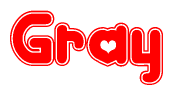 The image is a clipart featuring the word Gray written in a stylized font with a heart shape replacing inserted into the center of each letter. The color scheme of the text and hearts is red with a light outline.
