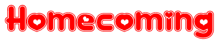 The image is a clipart featuring the word Homecoming written in a stylized font with a heart shape replacing inserted into the center of each letter. The color scheme of the text and hearts is red with a light outline.