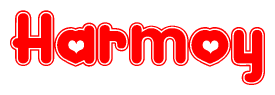 The image is a red and white graphic with the word Harmoy written in a decorative script. Each letter in  is contained within its own outlined bubble-like shape. Inside each letter, there is a white heart symbol.
