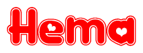 The image is a red and white graphic with the word Hema written in a decorative script. Each letter in  is contained within its own outlined bubble-like shape. Inside each letter, there is a white heart symbol.
