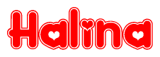   The image is a red and white graphic with the word Halina written in a decorative script. Each letter in  is contained within its own outlined bubble-like shape. Inside each letter, there is a white heart symbol. 