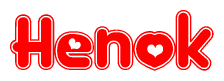 The image is a red and white graphic with the word Henok written in a decorative script. Each letter in  is contained within its own outlined bubble-like shape. Inside each letter, there is a white heart symbol.
