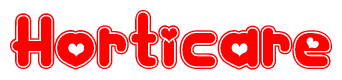 The image is a red and white graphic with the word Horticare written in a decorative script. Each letter in  is contained within its own outlined bubble-like shape. Inside each letter, there is a white heart symbol.