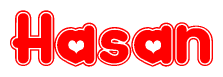 The image is a red and white graphic with the word Hasan written in a decorative script. Each letter in  is contained within its own outlined bubble-like shape. Inside each letter, there is a white heart symbol.