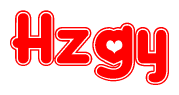 The image is a red and white graphic with the word Hzgy written in a decorative script. Each letter in  is contained within its own outlined bubble-like shape. Inside each letter, there is a white heart symbol.