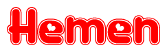The image is a red and white graphic with the word Hemen written in a decorative script. Each letter in  is contained within its own outlined bubble-like shape. Inside each letter, there is a white heart symbol.