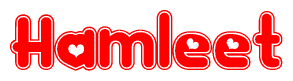 The image is a red and white graphic with the word Hamleet written in a decorative script. Each letter in  is contained within its own outlined bubble-like shape. Inside each letter, there is a white heart symbol.