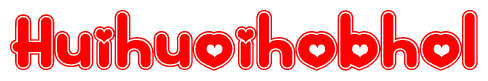 The image is a clipart featuring the word Huihuoihobhol written in a stylized font with a heart shape replacing inserted into the center of each letter. The color scheme of the text and hearts is red with a light outline.