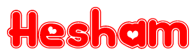 The image is a clipart featuring the word Hesham written in a stylized font with a heart shape replacing inserted into the center of each letter. The color scheme of the text and hearts is red with a light outline.
