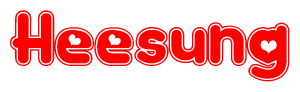 The image is a red and white graphic with the word Heesung written in a decorative script. Each letter in  is contained within its own outlined bubble-like shape. Inside each letter, there is a white heart symbol.