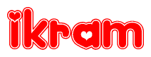 The image is a red and white graphic with the word Ikram written in a decorative script. Each letter in  is contained within its own outlined bubble-like shape. Inside each letter, there is a white heart symbol.