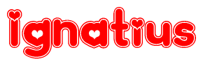 The image displays the word Ignatius written in a stylized red font with hearts inside the letters.