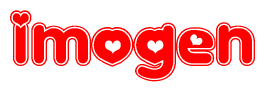The image is a red and white graphic with the word Imogen written in a decorative script. Each letter in  is contained within its own outlined bubble-like shape. Inside each letter, there is a white heart symbol.