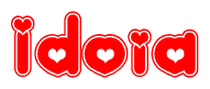 The image is a red and white graphic with the word Idoia written in a decorative script. Each letter in  is contained within its own outlined bubble-like shape. Inside each letter, there is a white heart symbol.