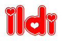 The image is a clipart featuring the word Ildi written in a stylized font with a heart shape replacing inserted into the center of each letter. The color scheme of the text and hearts is red with a light outline.
