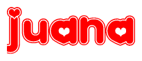 The image is a red and white graphic with the word Juana written in a decorative script. Each letter in  is contained within its own outlined bubble-like shape. Inside each letter, there is a white heart symbol.