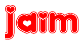 The image is a clipart featuring the word Jaim written in a stylized font with a heart shape replacing inserted into the center of each letter. The color scheme of the text and hearts is red with a light outline.