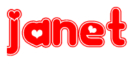The image is a red and white graphic with the word Janet written in a decorative script. Each letter in  is contained within its own outlined bubble-like shape. Inside each letter, there is a white heart symbol.