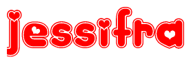 The image is a clipart featuring the word Jessifra written in a stylized font with a heart shape replacing inserted into the center of each letter. The color scheme of the text and hearts is red with a light outline.