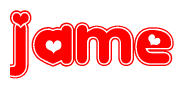 The image is a clipart featuring the word Jame written in a stylized font with a heart shape replacing inserted into the center of each letter. The color scheme of the text and hearts is red with a light outline.