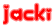 The image is a clipart featuring the word Jacki written in a stylized font with a heart shape replacing inserted into the center of each letter. The color scheme of the text and hearts is red with a light outline.