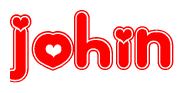 The image is a red and white graphic with the word Johin written in a decorative script. Each letter in  is contained within its own outlined bubble-like shape. Inside each letter, there is a white heart symbol.
