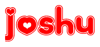   The image is a red and white graphic with the word Joshu written in a decorative script. Each letter in  is contained within its own outlined bubble-like shape. Inside each letter, there is a white heart symbol. 