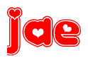 The image is a clipart featuring the word Jae written in a stylized font with a heart shape replacing inserted into the center of each letter. The color scheme of the text and hearts is red with a light outline.