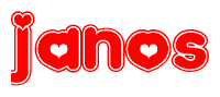 The image is a clipart featuring the word Janos written in a stylized font with a heart shape replacing inserted into the center of each letter. The color scheme of the text and hearts is red with a light outline.
