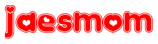 The image is a red and white graphic with the word Jaesmom written in a decorative script. Each letter in  is contained within its own outlined bubble-like shape. Inside each letter, there is a white heart symbol.