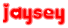 The image is a red and white graphic with the word Jaysey written in a decorative script. Each letter in  is contained within its own outlined bubble-like shape. Inside each letter, there is a white heart symbol.