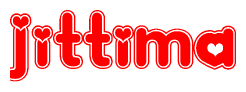 The image is a red and white graphic with the word Jittima written in a decorative script. Each letter in  is contained within its own outlined bubble-like shape. Inside each letter, there is a white heart symbol.