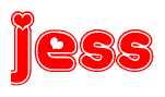 The image is a red and white graphic with the word Jess written in a decorative script. Each letter in  is contained within its own outlined bubble-like shape. Inside each letter, there is a white heart symbol.