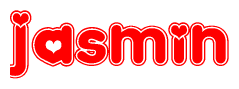The image is a red and white graphic with the word Jasmin written in a decorative script. Each letter in  is contained within its own outlined bubble-like shape. Inside each letter, there is a white heart symbol.