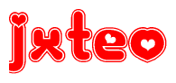 The image is a clipart featuring the word Jxteo written in a stylized font with a heart shape replacing inserted into the center of each letter. The color scheme of the text and hearts is red with a light outline.