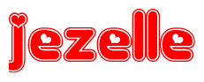 The image is a red and white graphic with the word Jezelle written in a decorative script. Each letter in  is contained within its own outlined bubble-like shape. Inside each letter, there is a white heart symbol.