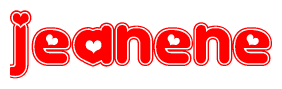 The image is a red and white graphic with the word Jeanene written in a decorative script. Each letter in  is contained within its own outlined bubble-like shape. Inside each letter, there is a white heart symbol.