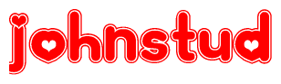 The image is a red and white graphic with the word Johnstud written in a decorative script. Each letter in  is contained within its own outlined bubble-like shape. Inside each letter, there is a white heart symbol.