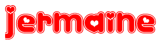 The image is a red and white graphic with the word Jermaine written in a decorative script. Each letter in  is contained within its own outlined bubble-like shape. Inside each letter, there is a white heart symbol.