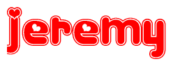 The image is a clipart featuring the word Jeremy written in a stylized font with a heart shape replacing inserted into the center of each letter. The color scheme of the text and hearts is red with a light outline.