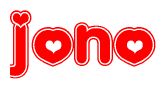 The image is a clipart featuring the word Jono written in a stylized font with a heart shape replacing inserted into the center of each letter. The color scheme of the text and hearts is red with a light outline.